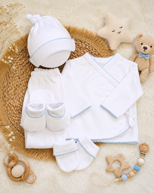 ajuar picot de 5 prendas – algodón blanco con detalles beige ajuar picot de 5 prendas – algodón blanco con detalles beige