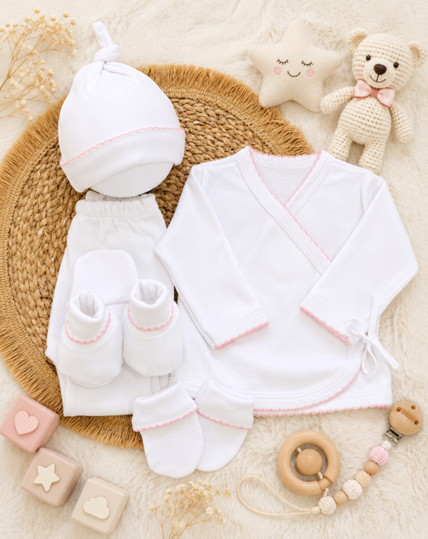 ajuar picot de 5 prendas – algodón blanco con detalles rosa ajuar picot de 5 prendas – algodón blanco con detalles rosa