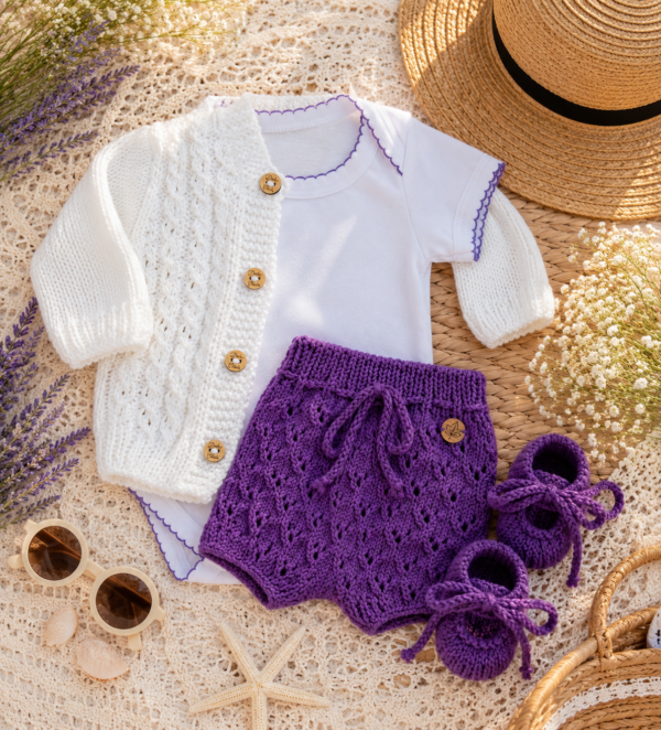 conjunto de short, saco y zapatitos tejidos a mano en hilo de algodón con body de algodón conjunto de short, saco y zapatitos tejidos a mano en hilo de algodón con body de algodón