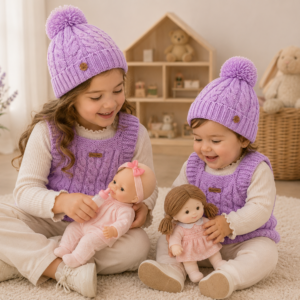 chaleco y gorro ochos lila
