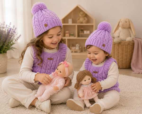 chaleco y gorro ochos lila